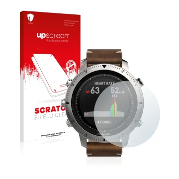 Parte frontal de un envase de producto con el logotipo de la marca upscreen. Al lado se muestra el dispositivo Garmin Fenix Ch