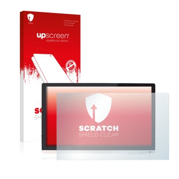 Parte frontal de un envase de producto con el logotipo de la marca upscreen. Al lado se muestra el dispositivo Huion GT220 con