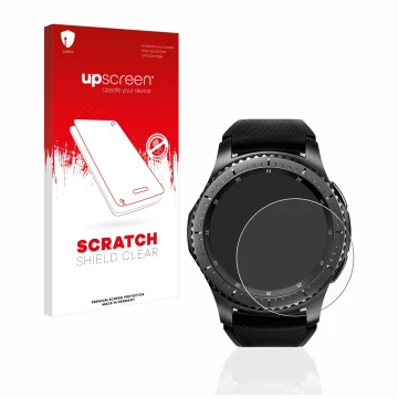 Parte frontal de un envase de producto con el logotipo de la marca upscreen. Al lado se muestra el dispositivo Samsung Gear S3
