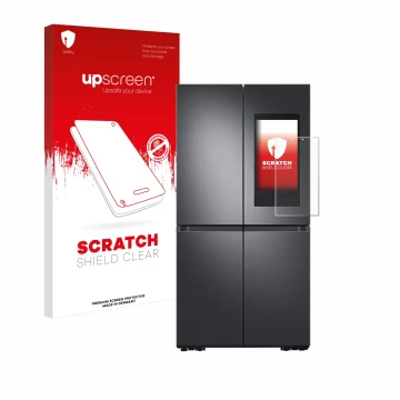 Parte frontal de un envase de producto con el logotipo de la marca upscreen. Al lado se muestra el dispositivo Samsung Family 
