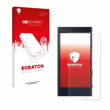 Parte frontal de un envase de producto con el logotipo de la marca upscreen. Al lado se muestra el dispositivo Sony Xperia X C