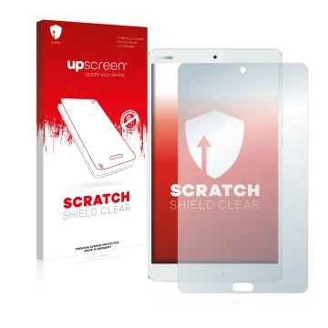 Parte frontal de un envase de producto con el logotipo de la marca upscreen. Al lado se muestra el dispositivo Huawei MediaPad