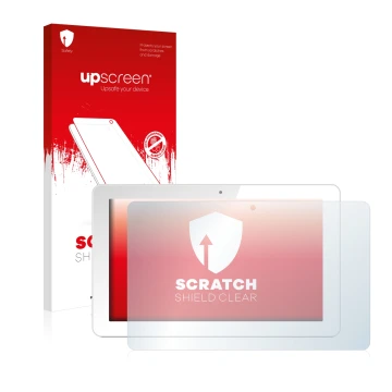 Parte frontal de un envase de producto con el logotipo de la marca upscreen. Al lado se muestra el dispositivo Odys Rise 10 Qu