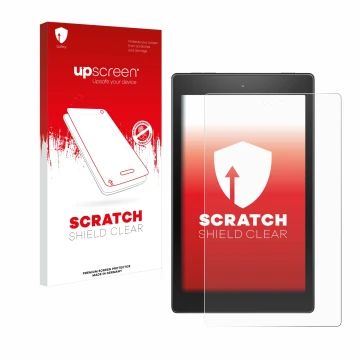 Parte frontal de un envase de producto con el logotipo de la marca upscreen. Al lado se muestra el dispositivo Amazon Fire HD 