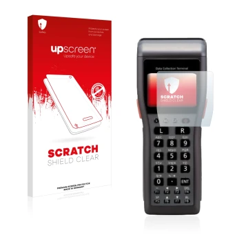 Parte frontal de un envase de producto con el logotipo de la marca upscreen. Al lado se muestra el dispositivo Casio DT-930 co