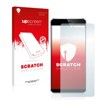 Parte frontal de un envase de producto con el logotipo de la marca upscreen. Al lado se muestra el dispositivo Vernee Mars con