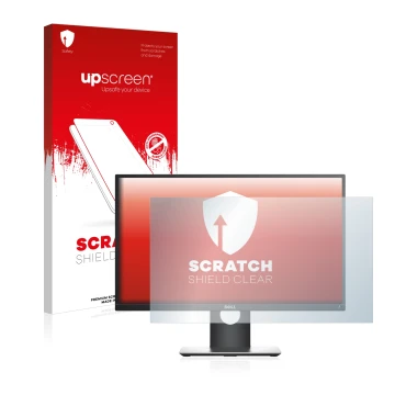 Parte frontal de un envase de producto con el logotipo de la marca upscreen. Al lado se muestra el dispositivo Dell P2417H con