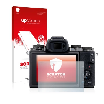 Parte frontal de un envase de producto con el logotipo de la marca upscreen. Al lado se muestra el dispositivo Canon EOS M5 co