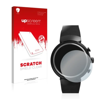 Parte frontal de un envase de producto con el logotipo de la marca upscreen. Al lado se muestra el dispositivo ASUS ZenWatch 3
