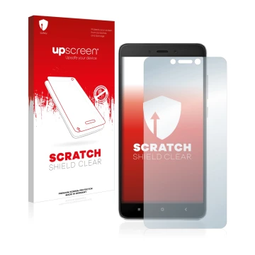 Parte frontal de un envase de producto con el logotipo de la marca upscreen. Al lado se muestra el dispositivo Xiaomi Redmi No