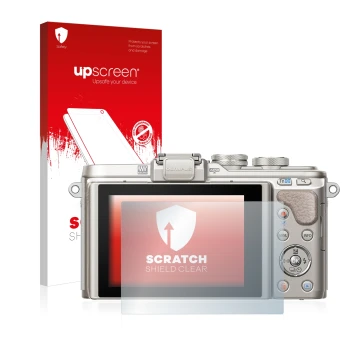 Parte frontal de un envase de producto con el logotipo de la marca upscreen. Al lado se muestra el dispositivo Olympus PEN E-P