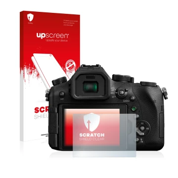 Parte frontal de un envase de producto con el logotipo de la marca upscreen. Al lado se muestra el dispositivo Panasonic Lumix
