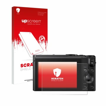 Parte frontal de un envase de producto con el logotipo de la marca upscreen. Al lado se muestra el dispositivo Panasonic Lumix
