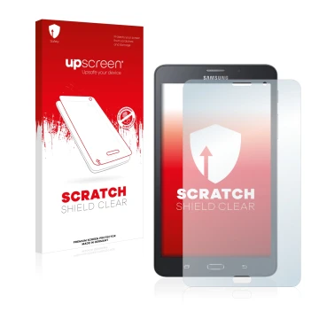 Parte frontal de un envase de producto con el logotipo de la marca upscreen. Al lado se muestra el dispositivo Samsung Galaxy 