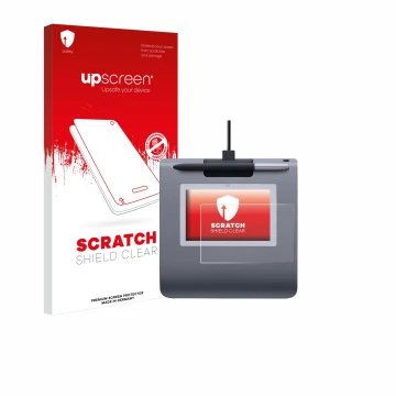 Parte frontal de un envase de producto con el logotipo de la marca upscreen. Al lado se muestra el dispositivo Wacom STU-430 c