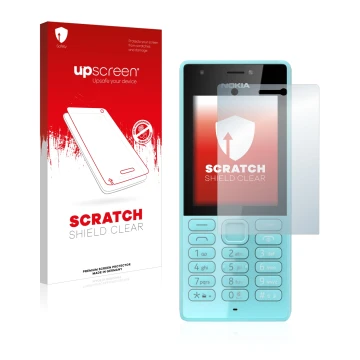 Parte frontal de un envase de producto con el logotipo de la marca upscreen. Al lado se muestra el dispositivo Nokia 216 con s