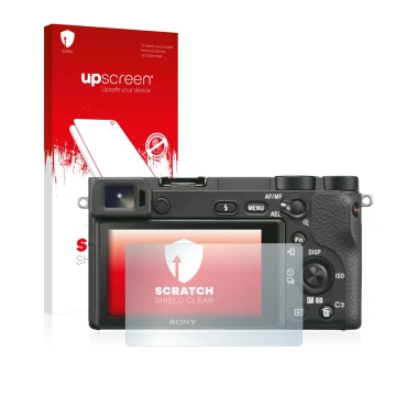 Parte frontal de un envase de producto con el logotipo de la marca upscreen. Al lado se muestra el dispositivo Sony Alpha 6500