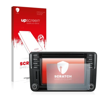 Parte frontal de un envase de producto con el logotipo de la marca upscreen. Al lado se muestra el dispositivo Volkswagen T6 2