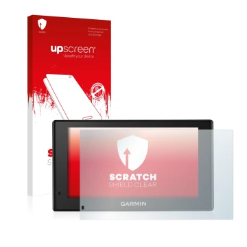 Parte frontal de un envase de producto con el logotipo de la marca upscreen. Al lado se muestra el dispositivo Garmin DriveTra