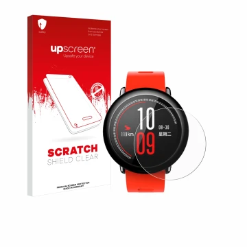 Parte frontal de un envase de producto con el logotipo de la marca upscreen. Al lado se muestra el dispositivo Huami Amazfit P