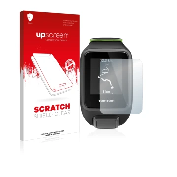 Parte frontal de un envase de producto con el logotipo de la marca upscreen. Al lado se muestra el dispositivo TomTom Runner 3