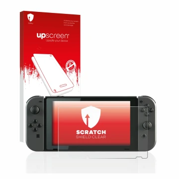 Parte frontal de un envase de producto con el logotipo de la marca upscreen. Al lado se muestra el dispositivo Nintendo Switch