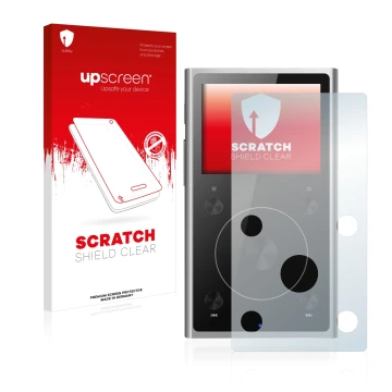 Parte frontal de un envase de producto con el logotipo de la marca upscreen. Al lado se muestra el dispositivo FiiO X1 II con 