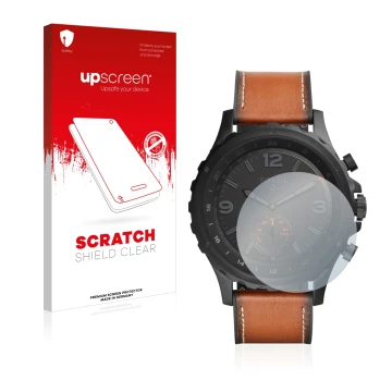 Parte frontal de un envase de producto con el logotipo de la marca upscreen. Al lado se muestra el dispositivo Fossil Q Nate c