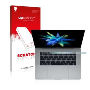 Parte frontal de un envase de producto con el logotipo de la marca upscreen. Al lado se muestra el dispositivo Apple MacBook P