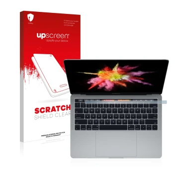 Parte frontal de un envase de producto con el logotipo de la marca upscreen. Al lado se muestra el dispositivo Apple MacBook P
