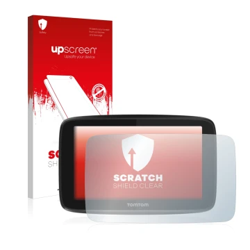 Parte frontal de un envase de producto con el logotipo de la marca upscreen. Al lado se muestra el dispositivo TomTom GO 5200 