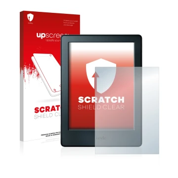 Parte frontal de un envase de producto con el logotipo de la marca upscreen. Al lado se muestra el dispositivo Amazon Kindle 2