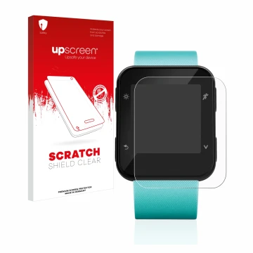 Parte frontal de un envase de producto con el logotipo de la marca upscreen. Al lado se muestra el dispositivo Garmin Forerunn