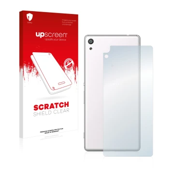 Parte frontal de un envase de producto con el logotipo de la marca upscreen. Al lado se muestra el dispositivo Sony Xperia XA 