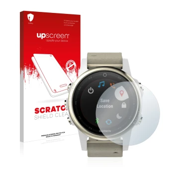 Parte frontal de un envase de producto con el logotipo de la marca upscreen. Al lado se muestra el dispositivo Garmin Fenix 5S