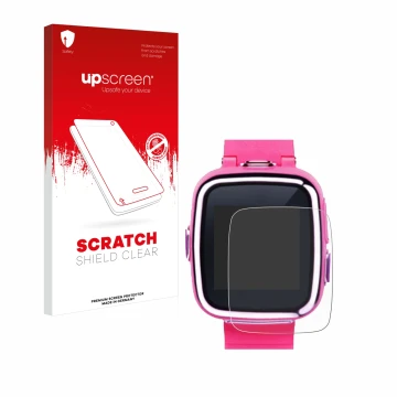 Parte frontal de un envase de producto con el logotipo de la marca upscreen. Al lado se muestra el dispositivo Vtech Kidizoom 