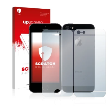 Parte frontal de un envase de producto con el logotipo de la marca upscreen. Al lado se muestra el dispositivo Apple iPhone 5S