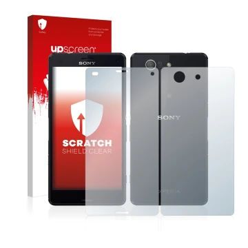 Parte frontal de un envase de producto con el logotipo de la marca upscreen. Al lado se muestra el dispositivo Sony Xperia Z3 