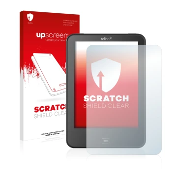 Parte frontal de un envase de producto con el logotipo de la marca upscreen. Al lado se muestra el dispositivo Tolino Vision 4