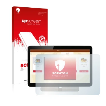 Parte frontal de un envase de producto con el logotipo de la marca upscreen. Al lado se muestra el dispositivo Aopen eTILE 19M