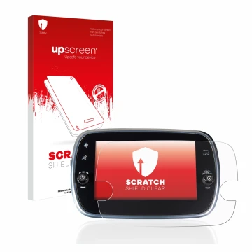 Parte frontal de un envase de producto con el logotipo de la marca upscreen. Al lado se muestra el dispositivo Fiat 500 Abarth