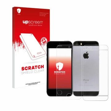 Parte frontal de un envase de producto con el logotipo de la marca upscreen. Al lado se muestra el dispositivo Apple iPhone SE