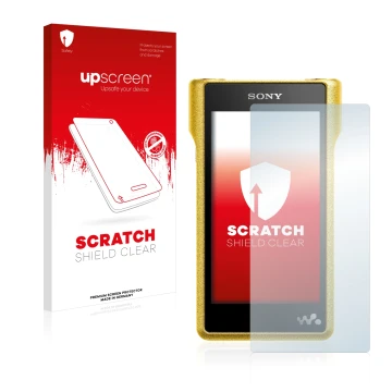 Parte frontal de un envase de producto con el logotipo de la marca upscreen. Al lado se muestra el dispositivo Sony Walkman NW