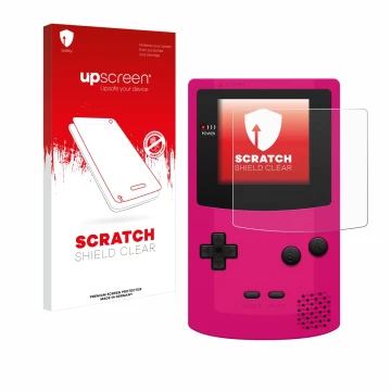 Parte frontal de un envase de producto con el logotipo de la marca upscreen. Al lado se muestra el dispositivo Nintendo Gamebo