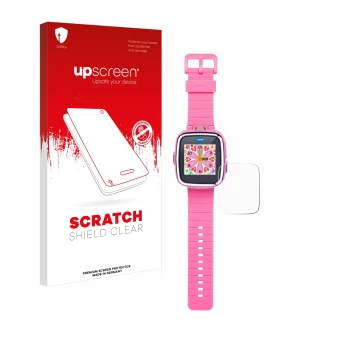 Parte frontal de un envase de producto con el logotipo de la marca upscreen. Al lado se muestra el dispositivo Vtech Kidizoom 
