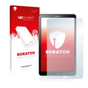 Parte frontal de un envase de producto con el logotipo de la marca upscreen. Al lado se muestra el dispositivo Samsung Galaxy 