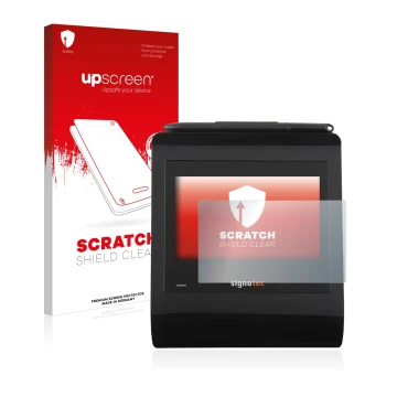 Parte frontal de un envase de producto con el logotipo de la marca upscreen. Al lado se muestra el dispositivo Signotec Signat