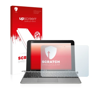 Parte frontal de un envase de producto con el logotipo de la marca upscreen. Al lado se muestra el dispositivo ASUS Transforme