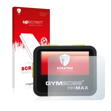 Parte frontal de un envase de producto con el logotipo de la marca upscreen. Al lado se muestra el dispositivo Gymboss Minimax