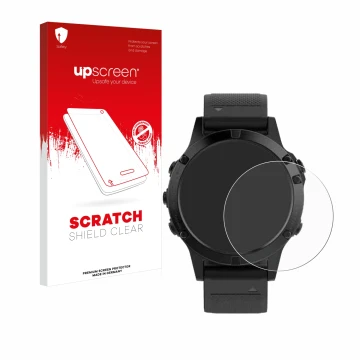 Parte frontal de un envase de producto con el logotipo de la marca upscreen. Al lado se muestra el dispositivo Garmin Fenix 5 